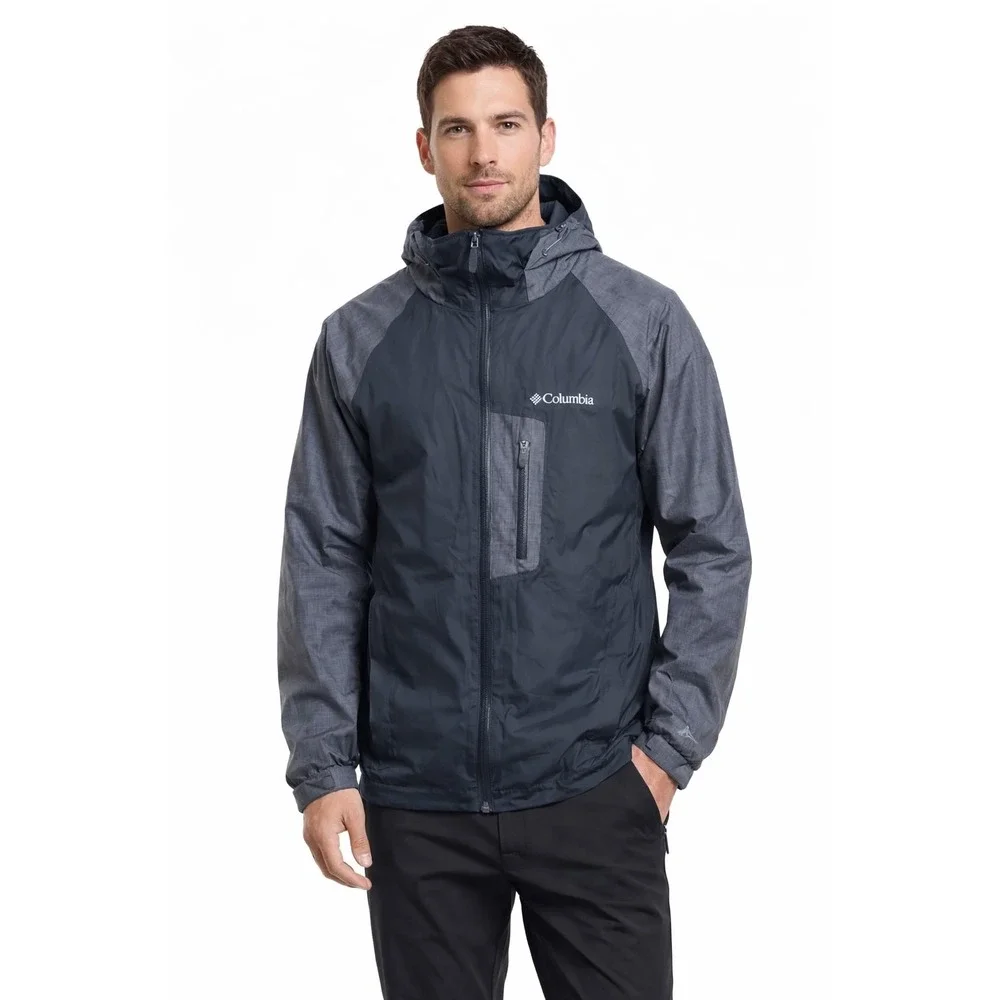 Columbia Omni-Tech Hooded Coat Mens Medium Black Gray Zip Parka Jacket